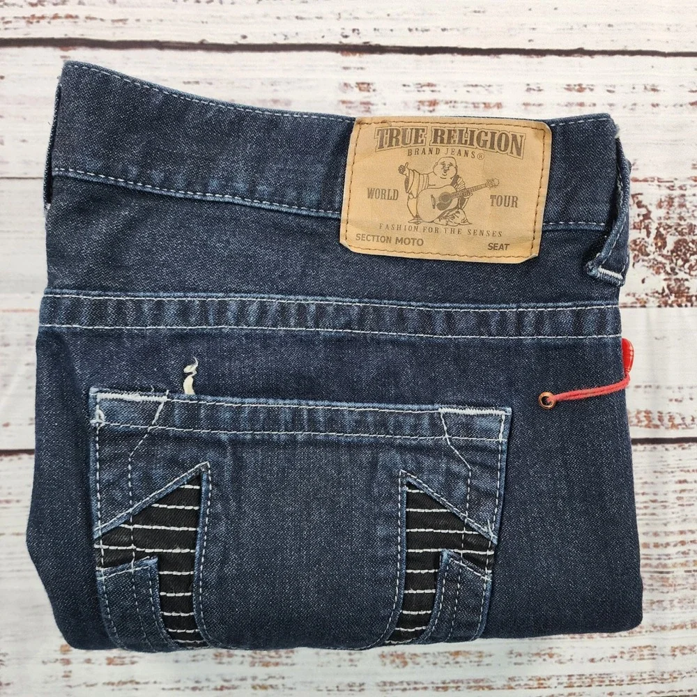 NWOT True Religion Moto‎ Slim Run Jeans Mens 38x32 Dark Wash Biker Western